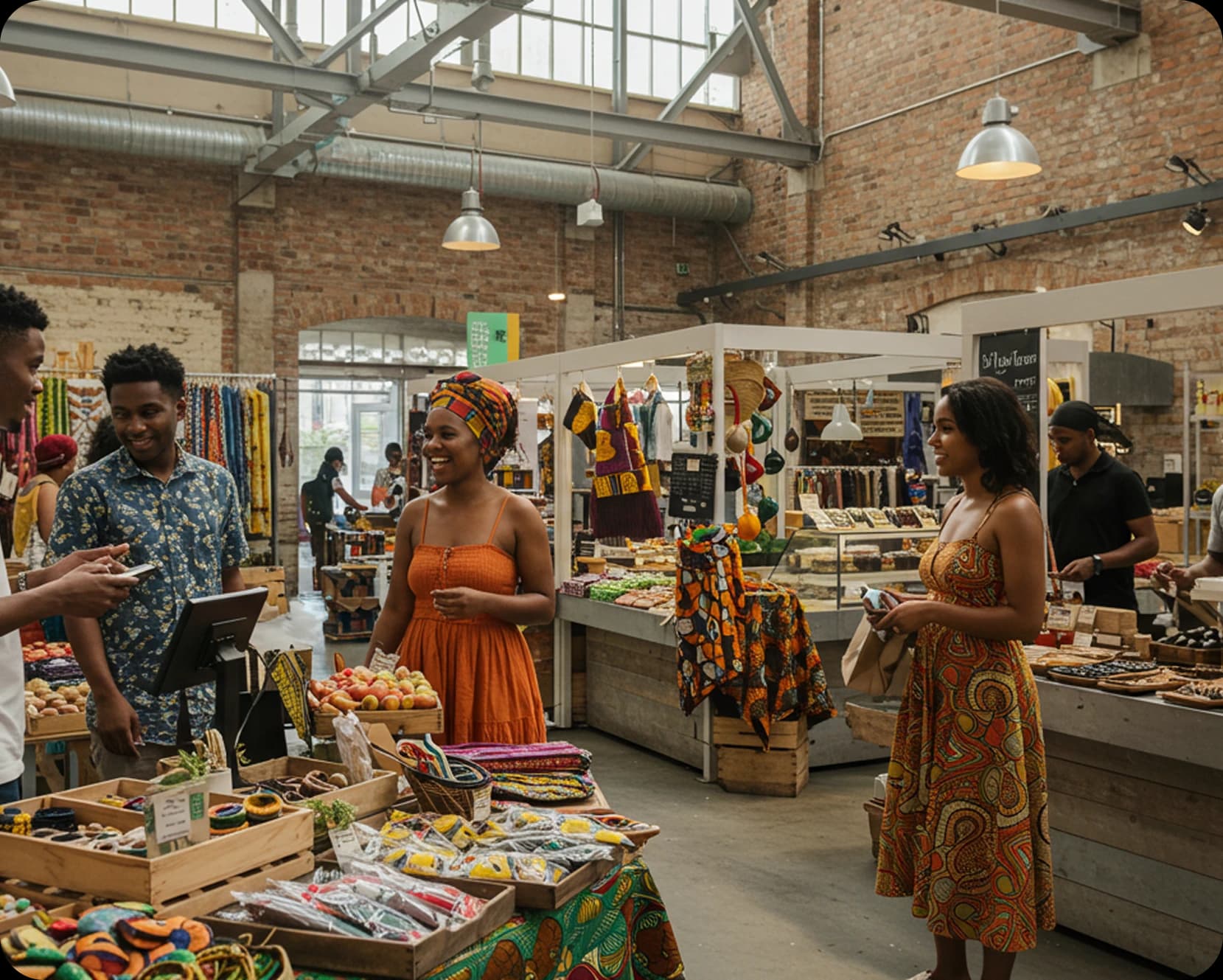 Vibrant marketplace with vendors selling colorful African textiles and crafts