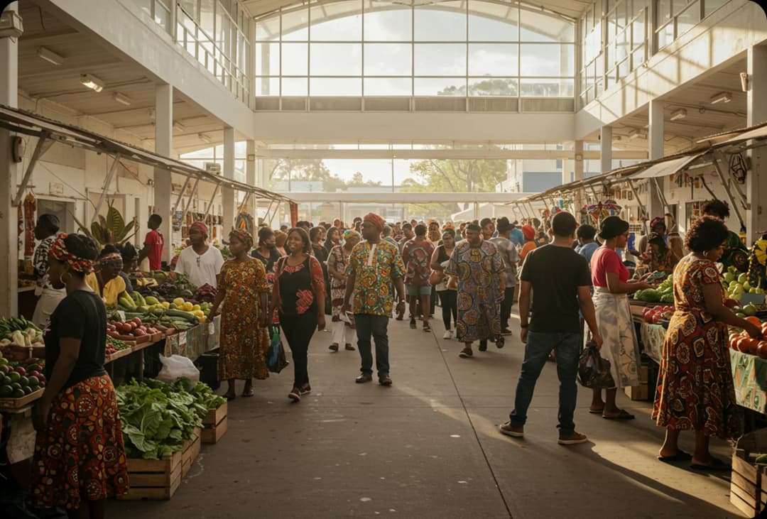Busy marketplace with people shopping